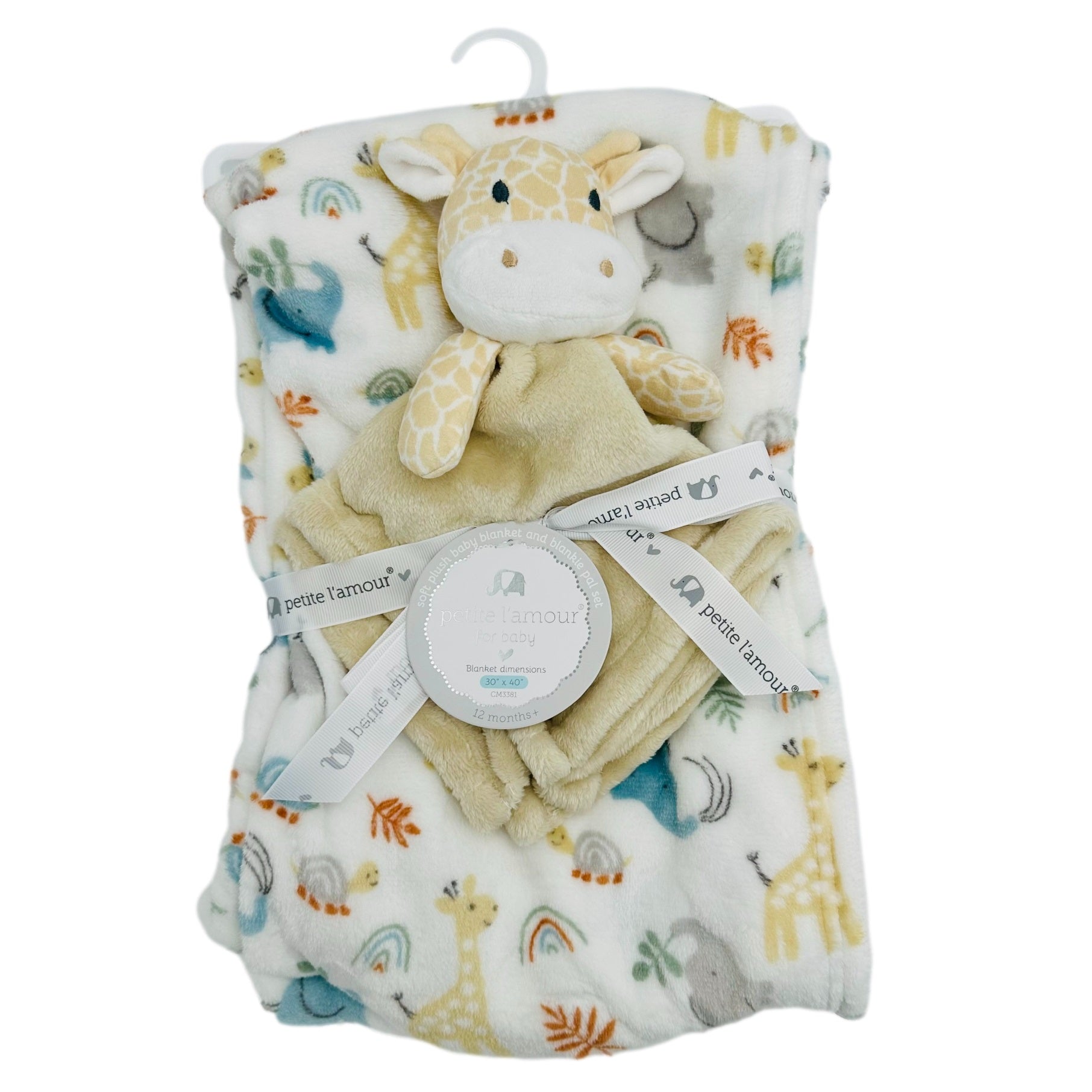 Baby blanket and giraffe lovie set, plush material, animal print blanket.